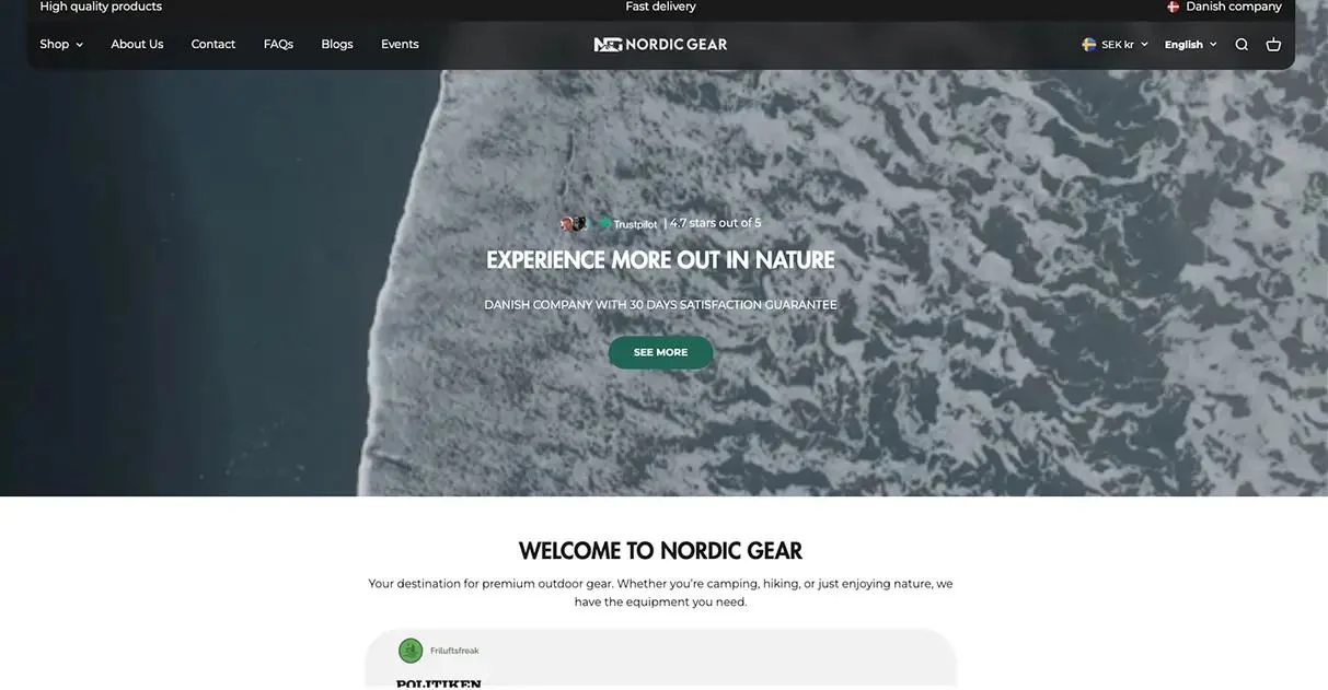 Nordic Gear storefront homepage