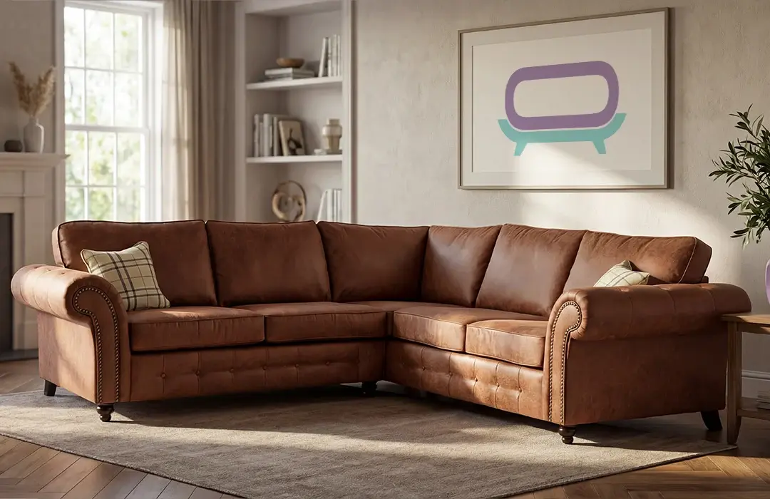 Sofa Bay leather corner sofa in a styled living room