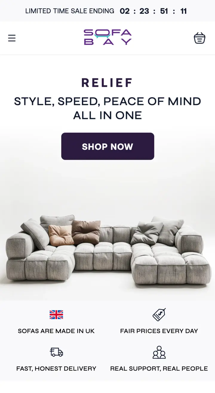 Sofa Bay homepage on mobile