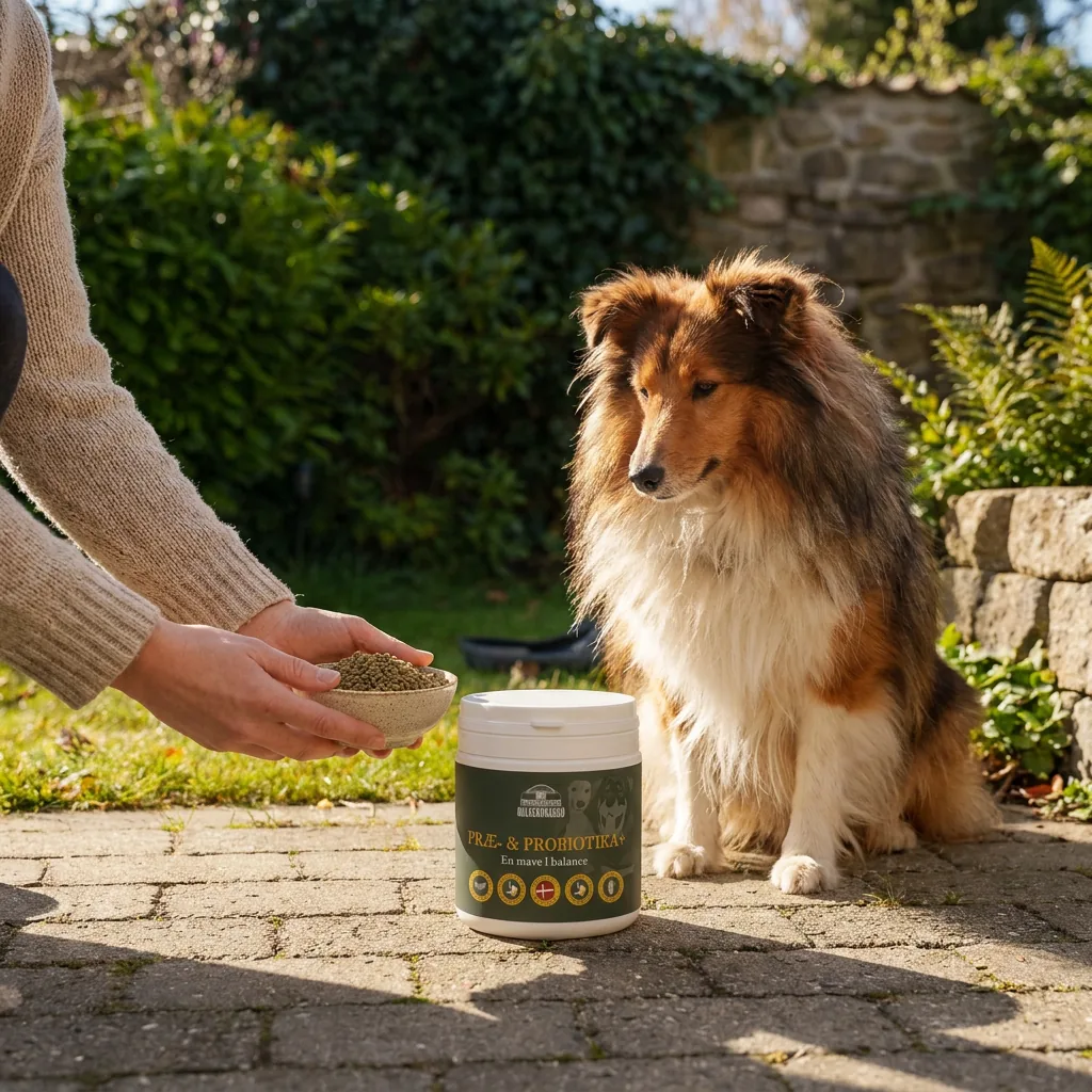 A Shetland sheepdog next to Avlskovgaard pre- and probiotics